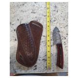 8in Damascus knife with gut hook w/sheath. 5-6