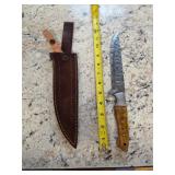 12in Damascus knife with sheath. 5-16