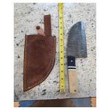 12in cleaver style Damascus knife with sheath. 5-3