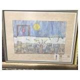 Framed and matted crayon, drawing by grade