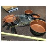 Nine piece set of Farberware pots and pans with