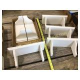 Six small white wooden wall mount shelves