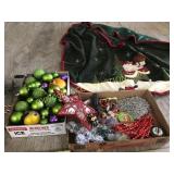 Large blue tote, full of Christmas decorations,