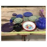 Lot Longaberger dishes and Pioneer Woman pie pan,