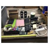 Gray tote of office, supplies, parts and