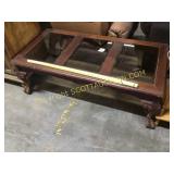 Triple pane, glass, top wood coffee table with
