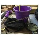 Large, purple tub, small black barrel, bag, and
