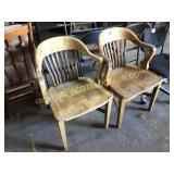 2 antique oak wood barrel back arm chairs