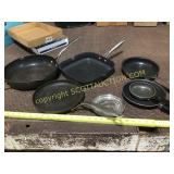 Six pieces, miscellaneous pans, and skillets