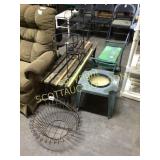 Three wire planter stands, iron frame, wood