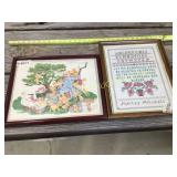 Two framed pieces of art, needlepoint, old woman