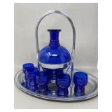 Cobalt Blue Glass Hinged Decanter & Glasses