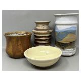 Stoneware Pottery, Vases, Bowl, One Vase has crack