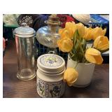 Antique Oil Lamp, Apothecary Jar, Iris Canister,