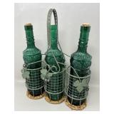 Set of 3 Green Glass Bottles in Vine Motif