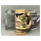 Vintage Beer Stein Mugs Ceramic, Etched Glass