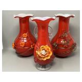 Trio of Red Art Glass Vases some chips