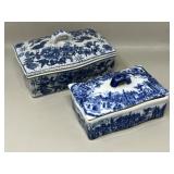 Pair of Blue Patterned Lidded Trinket Boxes, One A