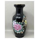 Floral on Black Asian Porcealin Floral Vase