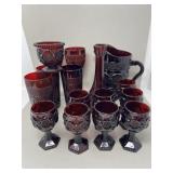 Large Lot of Ruby Red Pressed Glass, Pitcher, Gobl