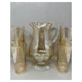 Amber Glass Lusterware Iced Tea Set Pitcher and Si