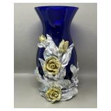 Cobalt Glass with Resin Overlay Floral Vase