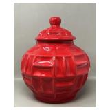 Red Ceramic Lidded Pagoda Cookie Jar Trinket Stash