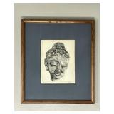 Vintage Pencil Signed Buddha Head Etching in Frame