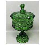 Green Glass Winker Eye Lidded Compote Bowl