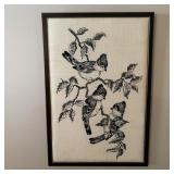 Vintage Framed Screenprint Birds on Linen