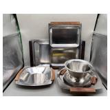 Mid Century Modern Stainless Steel & Wood Serving