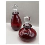 Pair of Mouthblown Cranberry Glass Bottles w