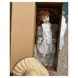 Large Porcelain Doll Blue Eyes Red Hair w Hat