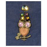 Pewter Owl drop pendant w/ pink crystal eyes