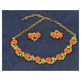 Vintage 3D pink rose motif necklace & earring set