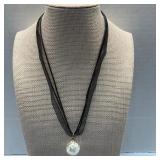 Black Ribbon & Cord Necklace W/ Crackled