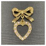 VTG Textured Gold Tone Bow W/ Hanging Heart