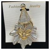 Large Gold Tone Rhinestone Clown Face Brooch PIn