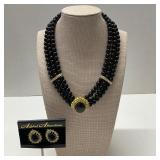 Black Glass Beaded 3 Strand Rhinestone Necklace