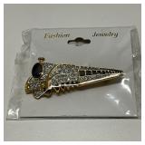 Gold Tone Train or Locomotive Brooch w/Rhinestones