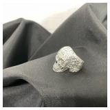Ornate Sugar Skull / Biker Silver Tone Metal Ring