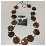 Brown Acrylic Bead Necklace & Pierced Earrings
