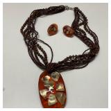 Multi Strand Beaded Necklace & Earring W/Acrylic