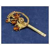 Gold-tone floral hair barrette orange rhinestones