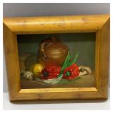 Vtg Red Peppers & Jug Oil Painting Signed