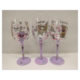 Lot of 3 hand-painted 15oz artisan wine glasses