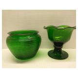 2 Green glass vases