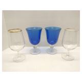 Lot of 4 stemware glasses, 2 are cobalt blue