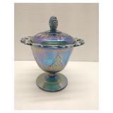 Iridescent blue carnival glass pedestal candy dish