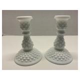 Lot of 2 Vtg White Milk Glass Hobnail Candlesticks